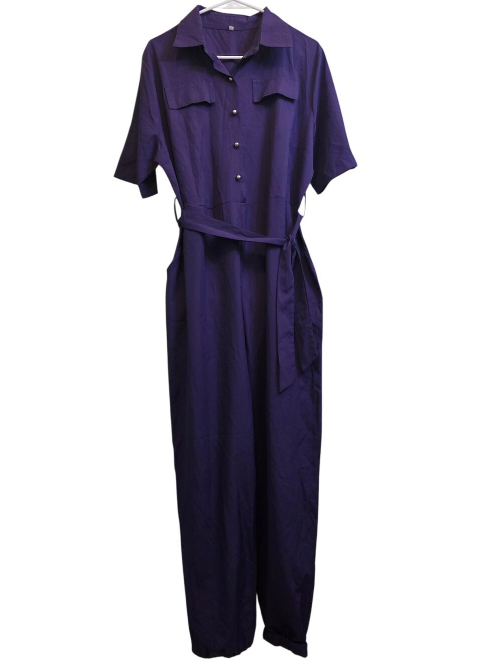 Purple Short Sleeve Belted Button-up Utility Jumpsuit Elastic Ankles Sz XL EUC